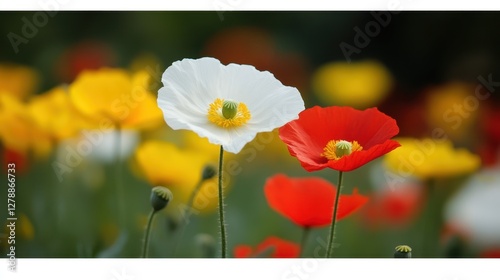 Two vibrant white and red flowers bloom gracefully in a lush green field, showcasing nature's beauty and color contrast. photo