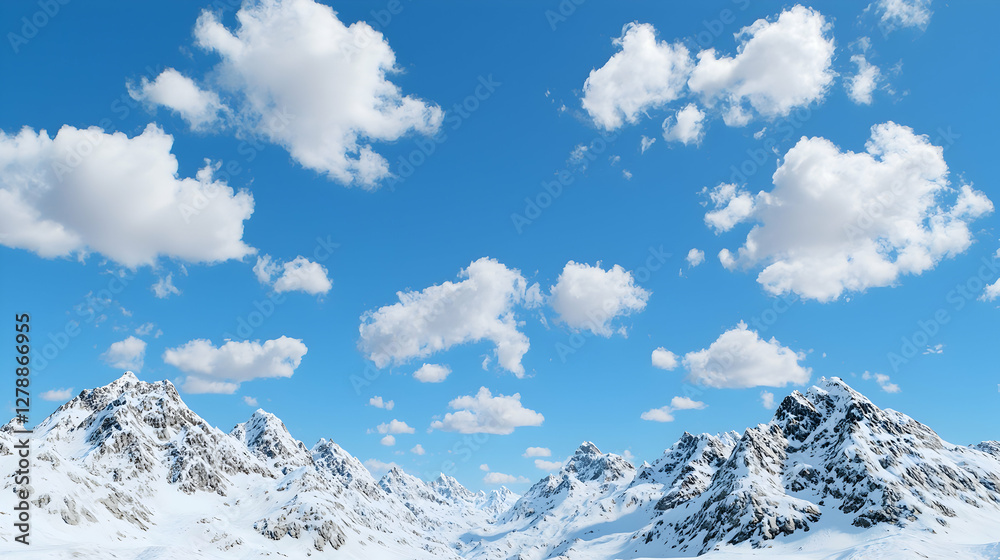 Snowy mountain range under a blue sky with fluffy clouds. Winter landscape ideal for calendars Snowy mountain range under a blue sky with fluffy clouds. Winter landscape ideal for calendars