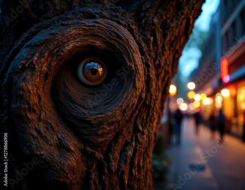 Urban nature: close-up of eye-shaped tree knothole on city street photo