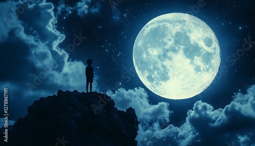 Boy, moon, night, sky, clouds, fantasy, dreamscape, hope, wonder, stock photo