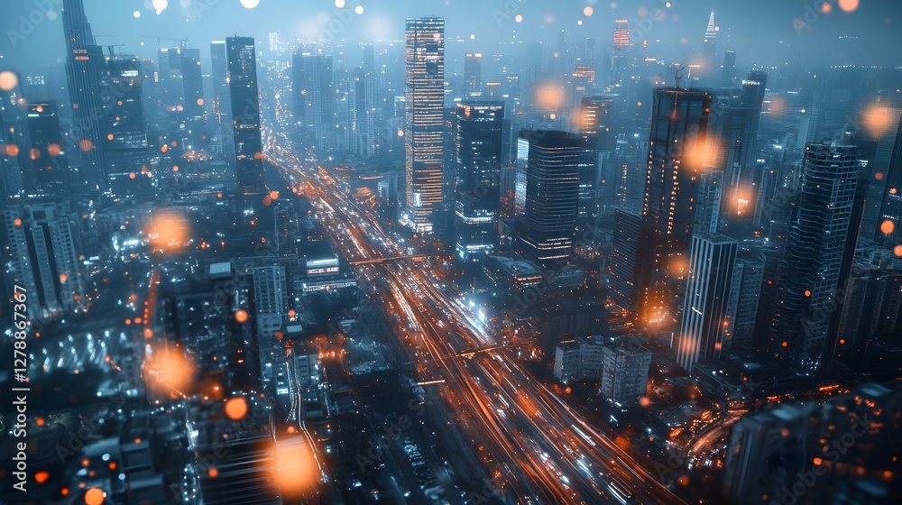 Fototapeta premium Nighttime Cityscape with Lights and Buildings in Urban Environment