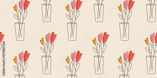 Floral banner With Hand-Drawn Flowers in Vase Featuring Artistic Tulip Design