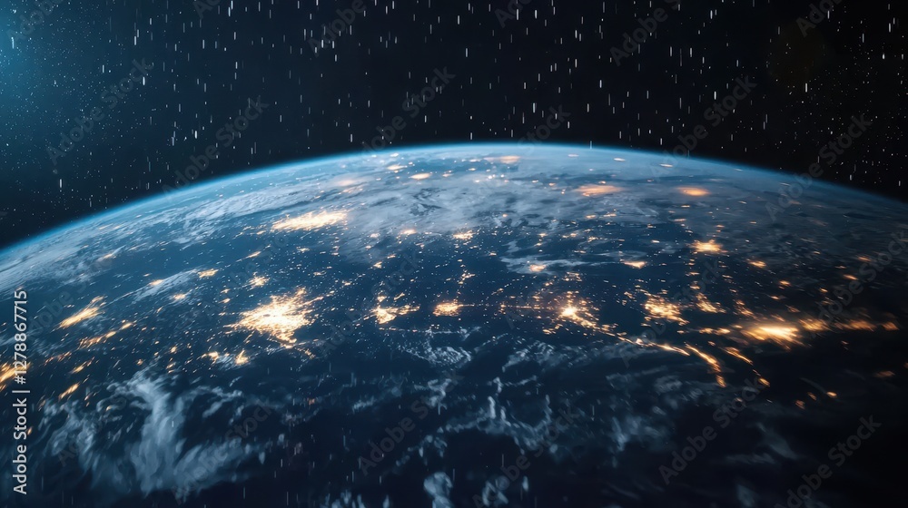 Obraz premium A stunning view of Earth from space, showing illuminated continents against a backdrop of stars, capturing the beauty and vastness of our planet.