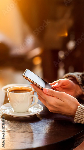 Detalhe de mão com celular na mão em um café para reunião de negócios photo