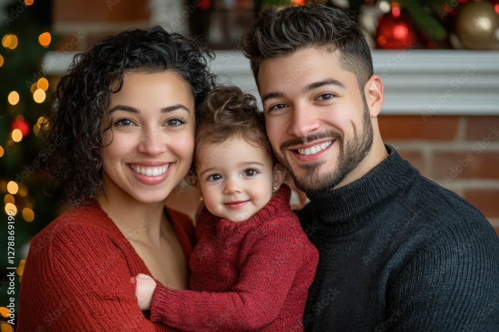 A biracial couple with their toddler daughter, smiling as they decorate their home for the holidays, the warm atmosphere and bright colors making it perfect for family-oriented marketing. A biracial couple with their toddler daughter, smiling as they decorate their home for the holidays, the warm atmosphere and bright colors making it perfect for family-oriented marketing.