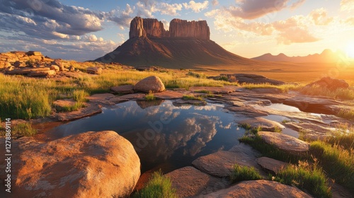 A tranquil pond surrounded by rugged rocks, creating a serene landscape in the heart of a rocky field, showcasing nature's beauty and diversity.