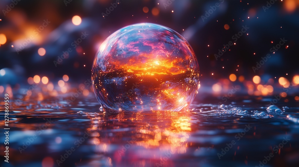 Vibrant glowing bubble reflecting a fiery sunset on a serene water surface with sparkling lights in the background Vibrant glowing bubble reflecting a fiery sunset on a serene water surface with sparkling lights in the background