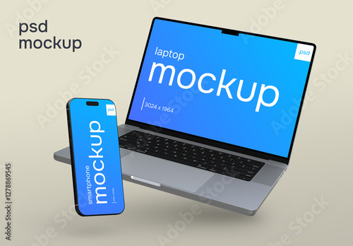 Isolated laptop and smartphone mockup set