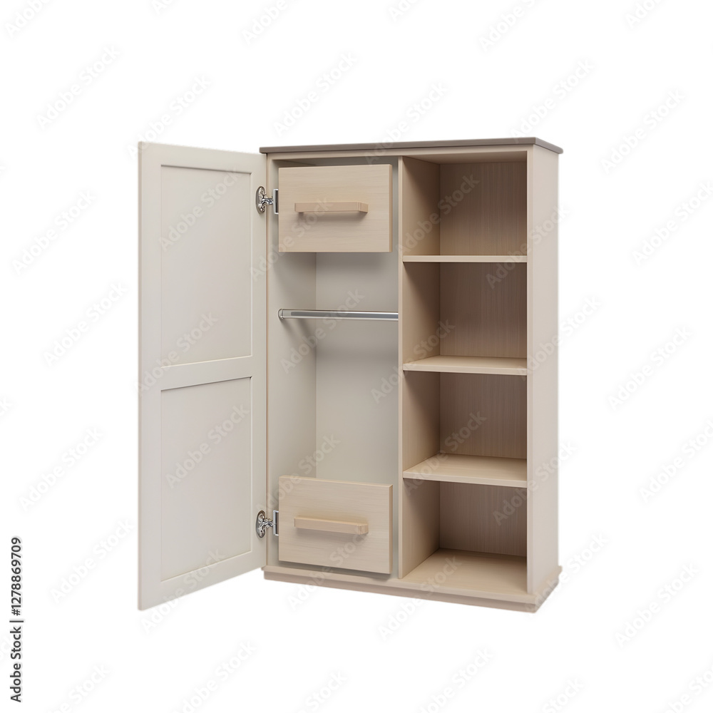 Open Wooden Wardrobe with Shelves and Drawers on a Black Background Open Wooden Wardrobe with Shelves and Drawers on a Black Background