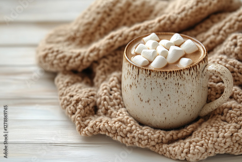 Cozy blanket and hot cocoa mug with marshmallows, perfect for winter photo