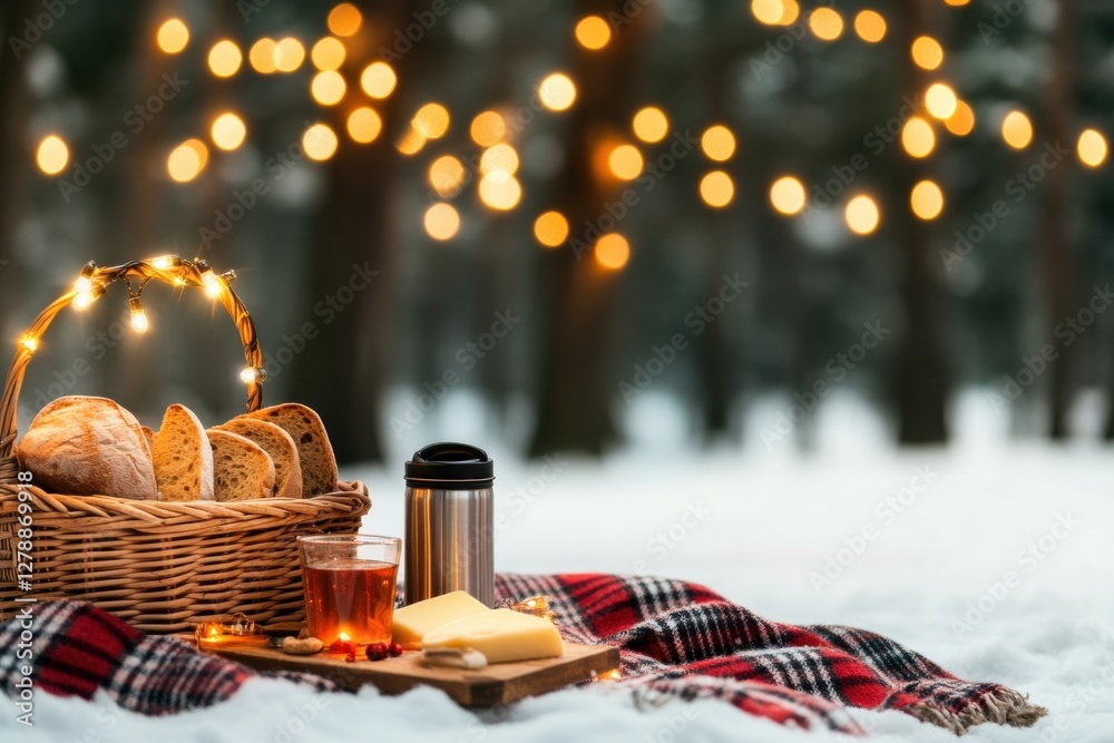 Obraz premium A cozy winter picnic in a snowy forest, a wooden basket filled with fresh bread, cheese, and thermoses of hot tea, a plaid blanket spread out with soft cushions.