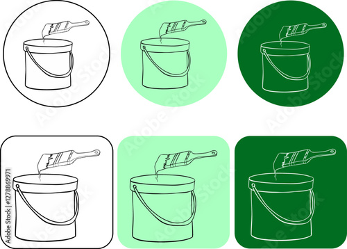 Black paint can and brush graphic line ink logo. Vector illustration liquid color bucket container with paintbrush icon.