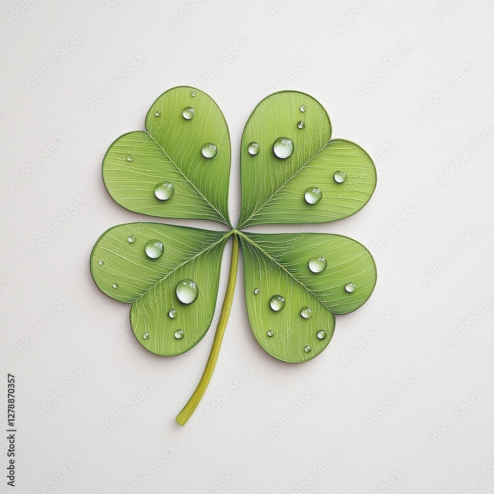 A four-leaf clover with droplets of water, symbolizing luck and nature, set against a simple background. A four-leaf clover with droplets of water, symbolizing luck and nature, set against a simple background.