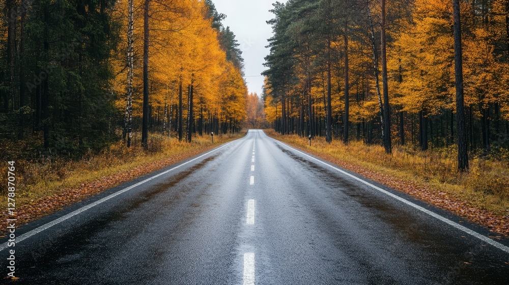 A serene long road stretches ahead, framed by lush trees and scattered leaves, inviting a peaceful journey through nature's beauty. A serene long road stretches ahead, framed by lush trees and scattered leaves, inviting a peaceful journey through nature's beauty.