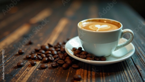 Espresso coffee cup on a vintage wooden table with beans scattered around it , wooden table, beans