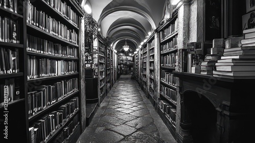 Aerial view of a long, narrow library featuring neatly arranged books on wooden shelves, showcasing a vast collection of literature and knowledge.