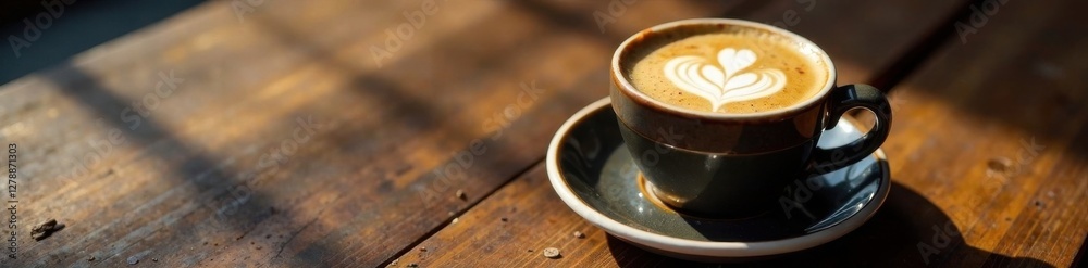 Espresso-rich cappuccino in a ceramic cup on a worn wooden table, surrounded by rich textures and warm lighting, warmth, interior Espresso-rich cappuccino in a ceramic cup on a worn wooden table, surrounded by rich textures and warm lighting, warmth, interior