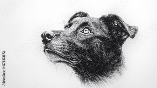 A captivating black-and-white illustration captures a dog’s head, realistically detailed with intricate shading. Eyes gaze forward while the head tilts subtly left, showcasing stunning depth and textu photo