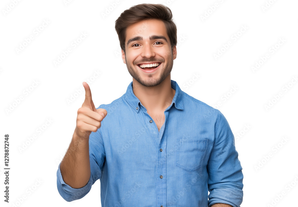 A happy man in a blue shirt pointing at something with his right hand, transparent background PNG file A happy man in a blue shirt pointing at something with his right hand, transparent background PNG file