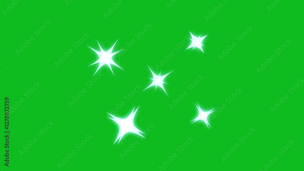 Cartoon-Style White Twinkling Stars Blinking with Glitter on Green Screen Background for Night Sky Effect