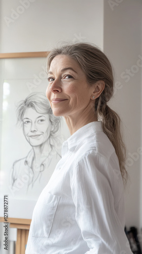 Mature woman female artist 50s long blonde grey hair profile portrait home art studio, teacher creative lessons concept