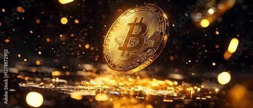 Luxuryinspired concept of a golden Baht coin rotating in midair with sparkling reflections photo