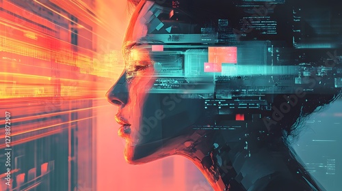 Futuristic Woman Profile with Digital Elements and Bright Lights