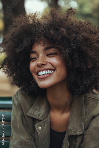 A candid image of a woman with natural hair and a big smile on a park bench photo