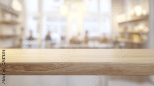 Sleek and bright wooden table in cafe with soft lighting and blurred background of customers
