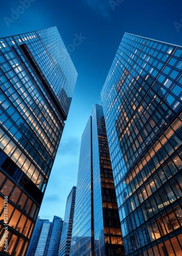 London docklands skyscrapers low wide angle view of converging glass and steel contemporary skyscrapers skyscraper city building skyscraper downtown business architecture cityscape