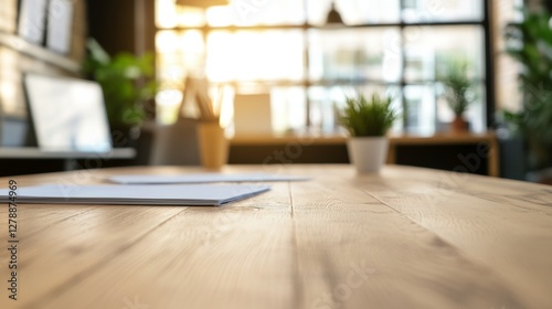 Bright wooden table with soft lighting and blurred professional office background
