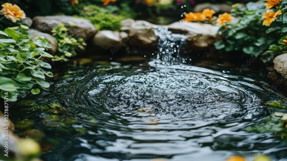 Naklejka premium A tranquil garden features a small waterfall, surrounded by lush greenery, creating a serene and picturesque natural setting.
