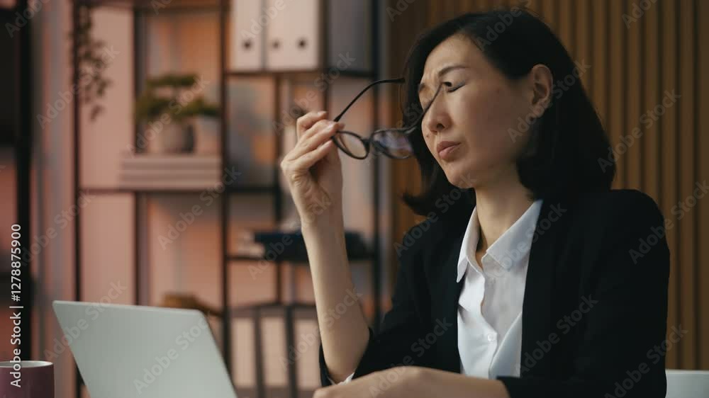 Woman removes glasses while working on laptop, feeling eye strain and tension