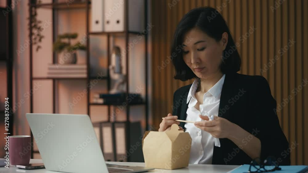 Woman office worker eats noodles at her workplace, enjoying restaurant takeout Woman office worker eats noodles at her workplace, enjoying restaurant takeout