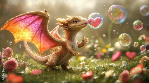 Adorable Baby Dragon Blowing Heart Bubbles in Flowery Meadow