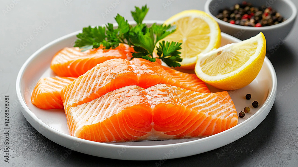 Fresh Salmon Fillets With Lemon Slices And Garnishing Greens On A White Plate Fresh Salmon Fillets With Lemon Slices And Garnishing Greens On A White Plate