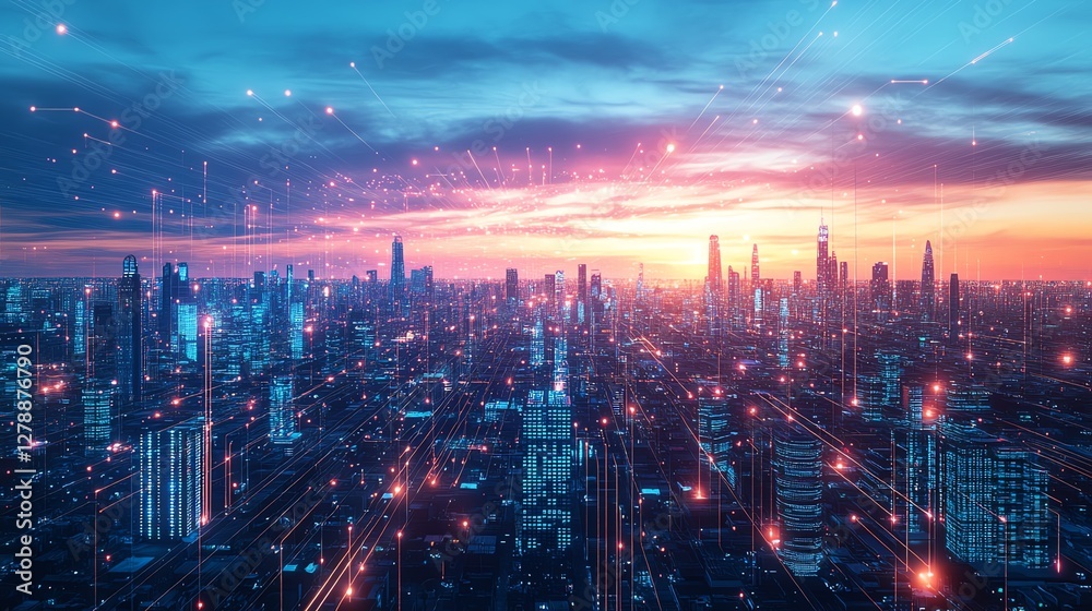 Fototapeta premium Futuristic smart city concept with interconnected digital networks