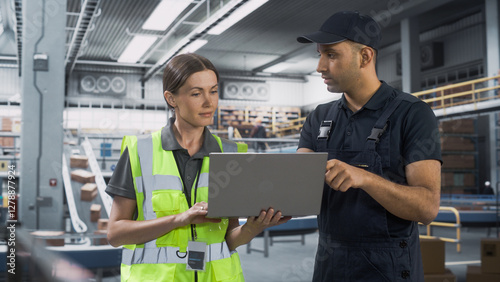 Ditribution Fullfilment Center: Supervisor and Manager Talk, use Laptop. Logistics and Transportation Warehouse with Conveyor Belt Loading Cardboard Boxes with Goods for Delivery to Clients. photo