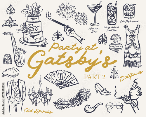 Hand drawn whimsical style Roaring 20s Great Gatsby party illustration set, vector collection