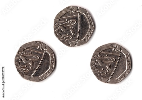 The reverse side of modern twenty pence coins from the United kingdom.