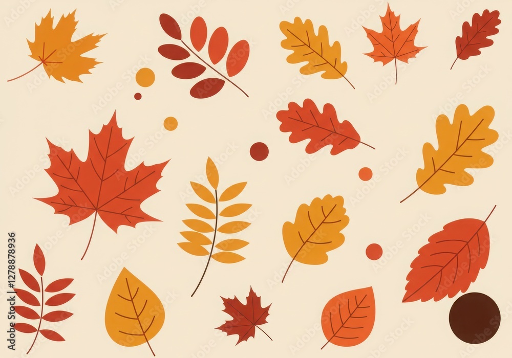 Fototapeta premium Autumn leaves, vibrant fall colors, botanical illustration, maple leaf, oak leaf, vector art, flat design, seasonal foliage, red and orange hues, nature collection