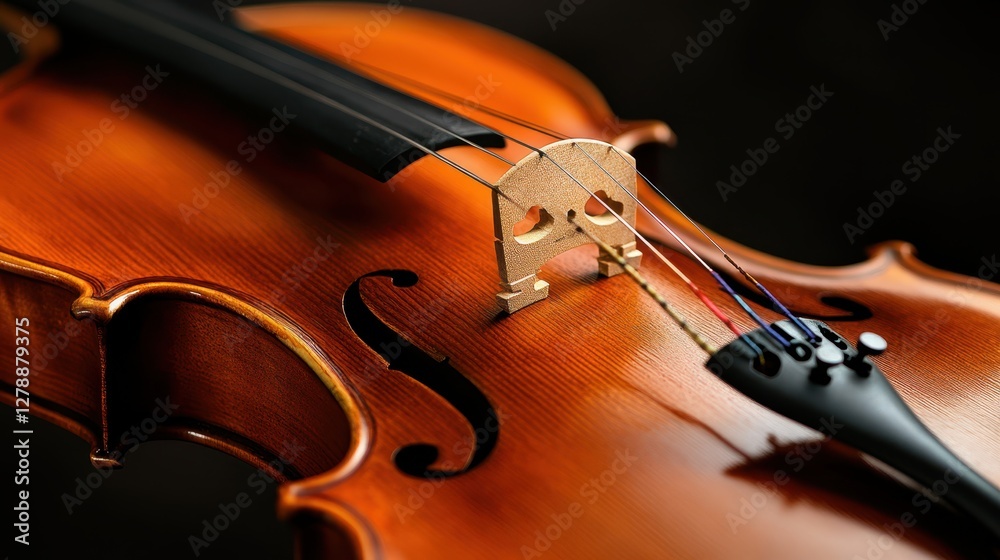 Fototapeta premium A close-up view of a violin accompanied by a bow, set against a sleek black background, highlighting the instrument's elegance and craftsmanship.