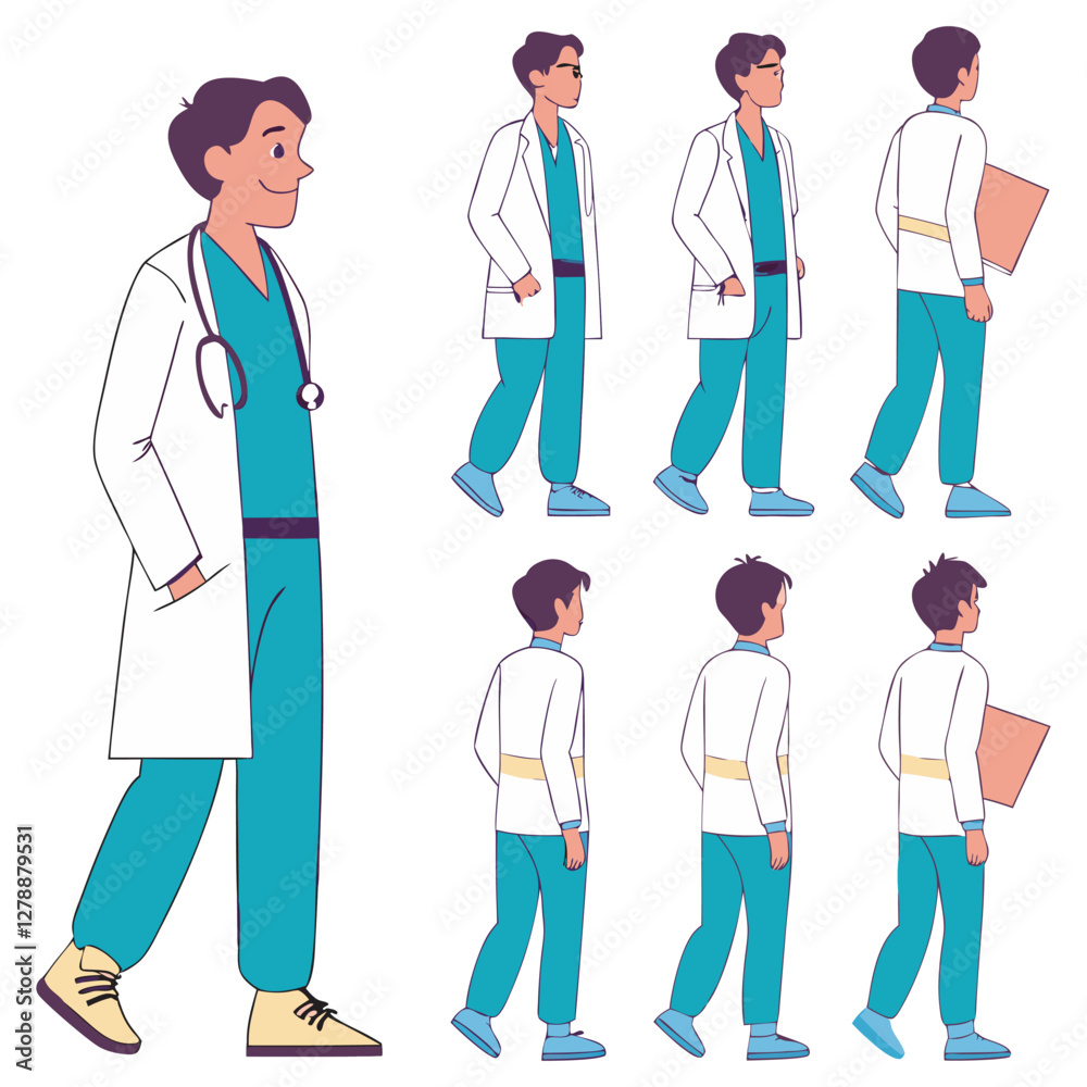 Male doctor, medical worker, or therapist in hospital vector illustration. Character constructor for animation. Front, side, and back view set. Body parts, postures, poses collection. Male doctor, medical worker, or therapist in hospital vector illustration. Character constructor for animation. Front, side, and back view set. Body parts, postures, poses collection.