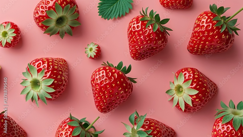 Fototapeta premium Top down view of many fresh ripe strawberries on a solid pink background