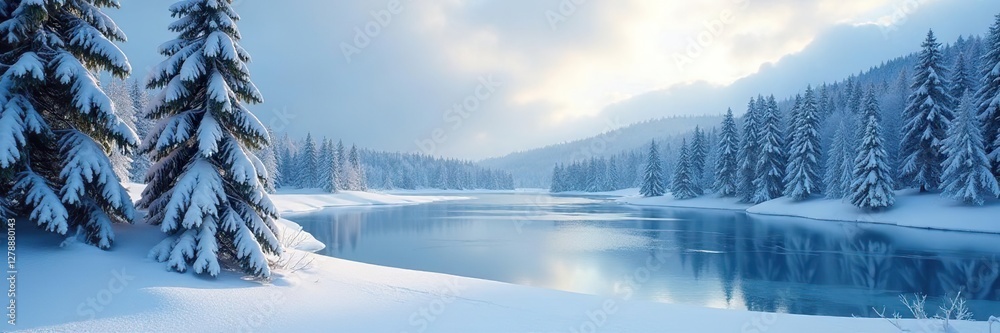 Obraz premium Snowy trees with frozen lakes in the background, evergreen, trees