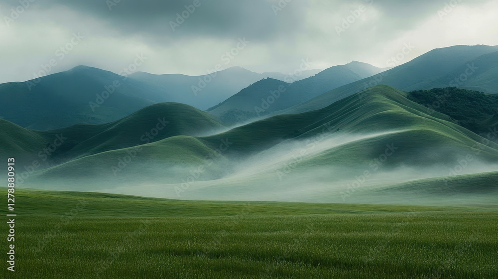 Fototapeta premium Lush green field foreground with majestic mountains shrouded in mist, creating a serene and mystical landscape.