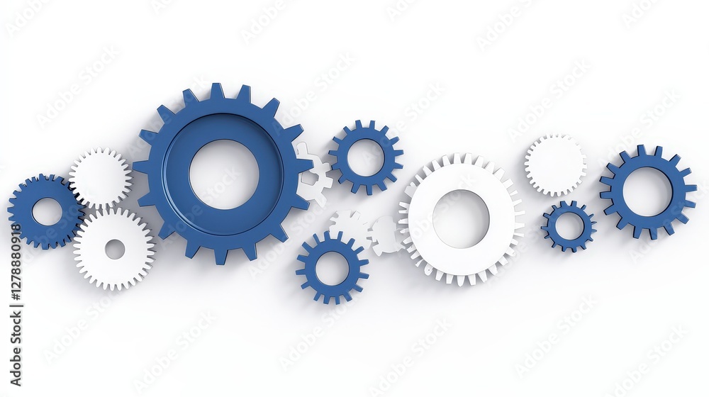 Blue and White Gears Arrangement on White Background with Shadow and Depth Effect Blue and White Gears Arrangement on White Background with Shadow and Depth Effect