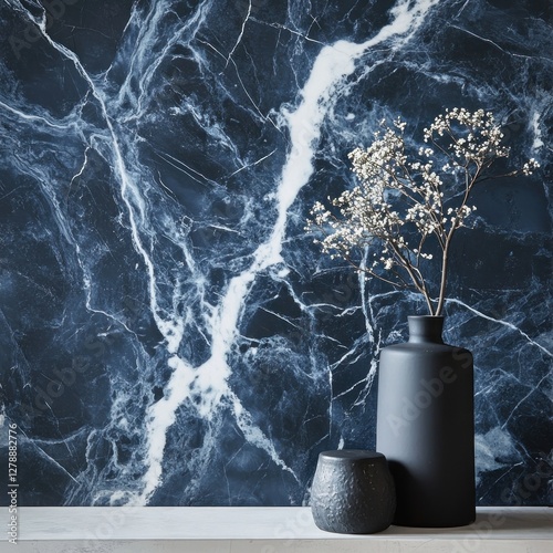Dark blue marble wall decor with vase and small bowl photo
