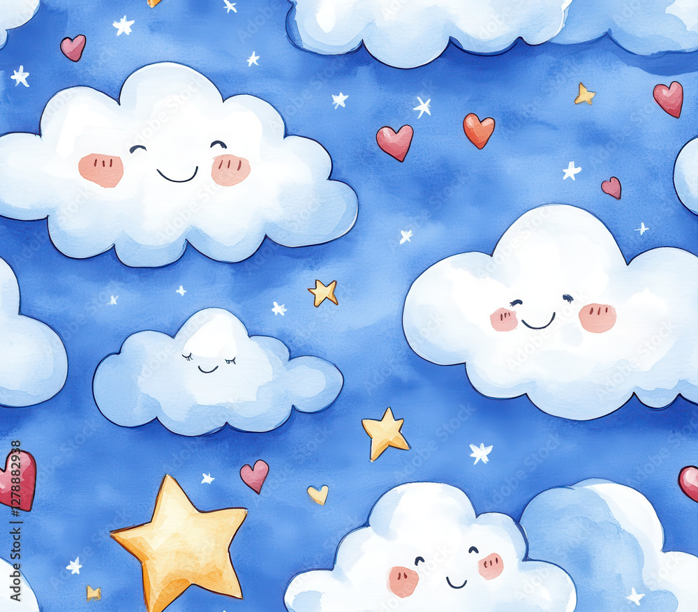 Obraz premium Cute clouds with smiling faces, stars, and hearts on blue background, Seamless Pattern Style.