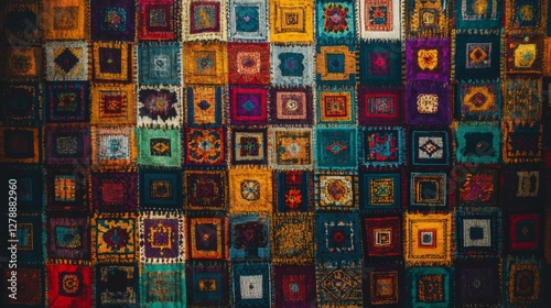 Colorful textile wall hanging showcasing intricate patchwork designs in vibrant hues photo